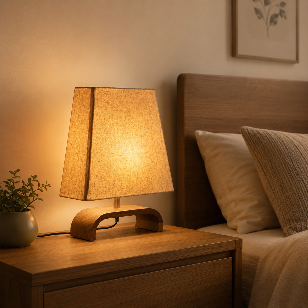 Linen shade table lamp with oak arch base glowing warm gold on a bedside table with small plant