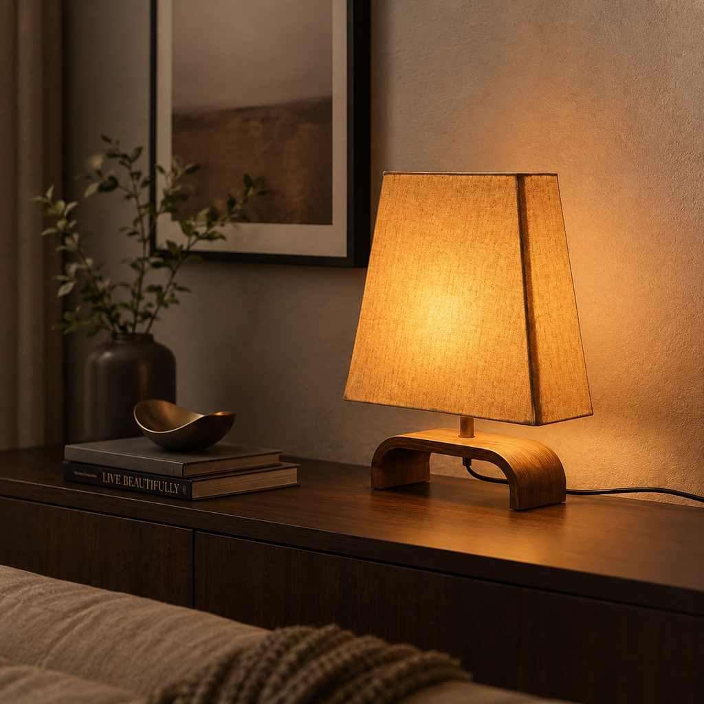 Linen shade lamp with arch wood base on a dark sideboard with books and ceramic bowl in a moody bedroom