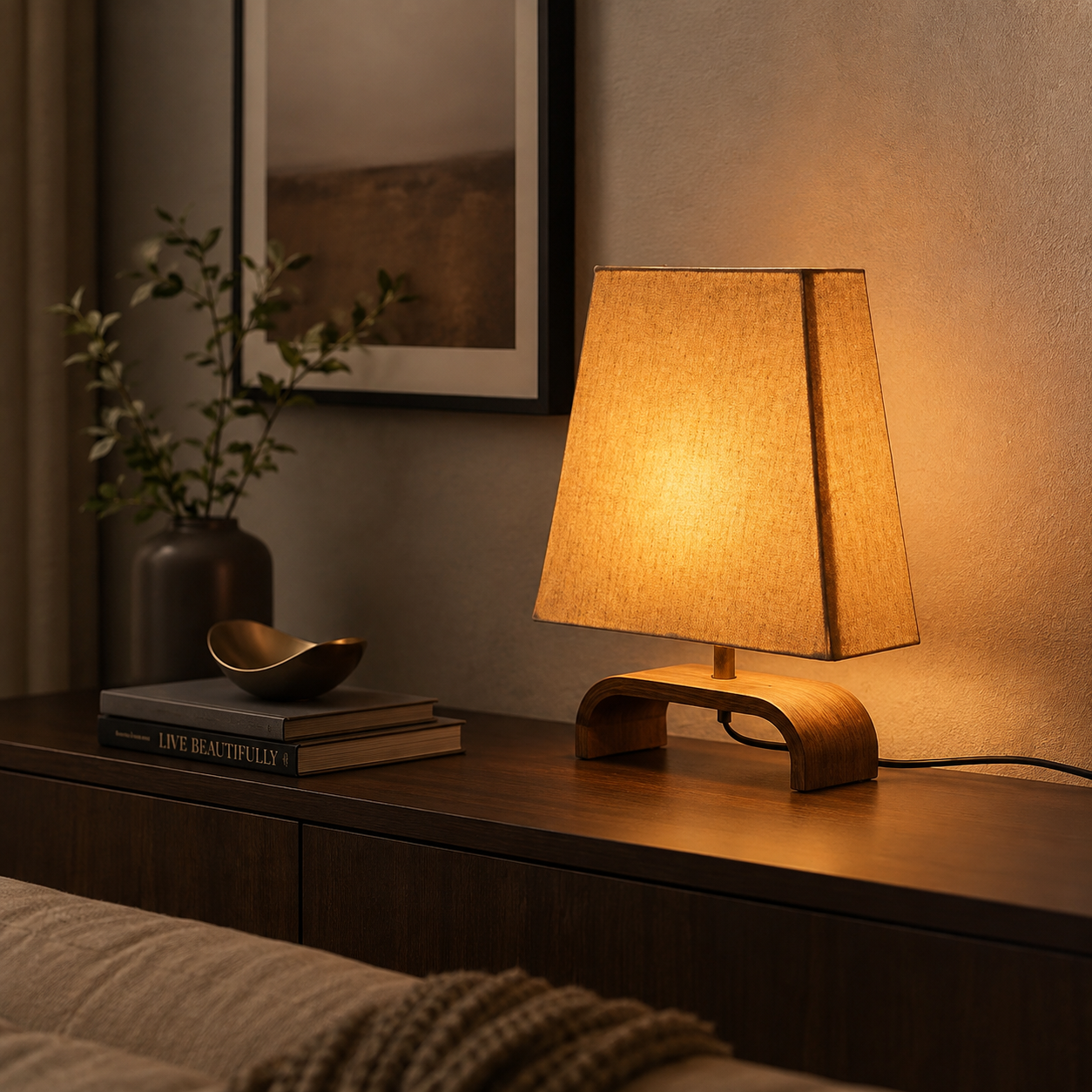 Linen shade lamp with arch wood base on a dark sideboard with books and ceramic bowl in a moody bedroom