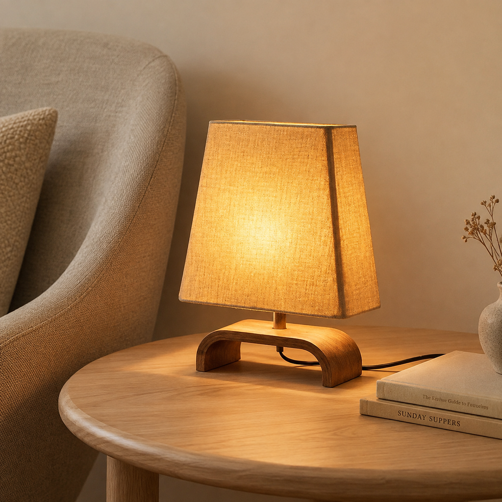 Natural linen table lamp with oak arch base on a round side table next to a linen armchair