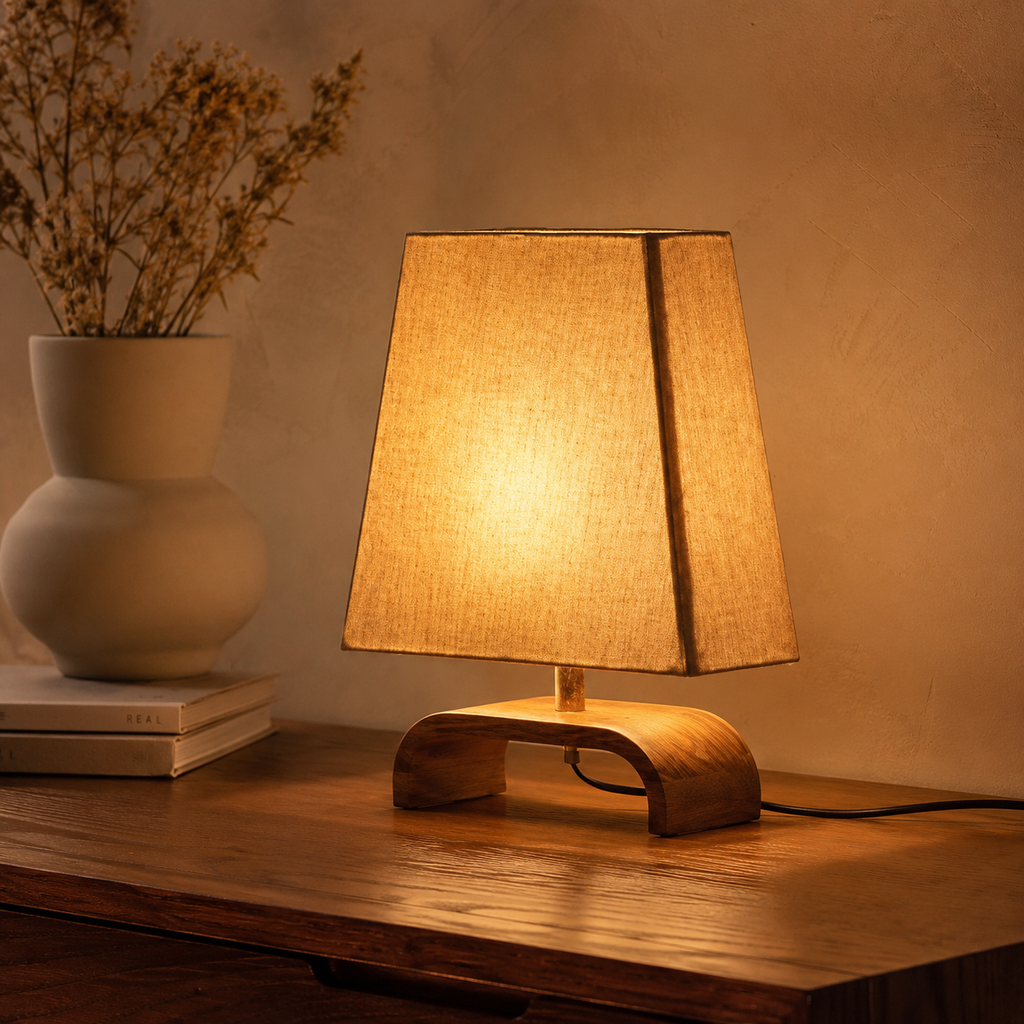 Linen shade table lamp glowing on a dark wood console with ceramic vase and dried botanicals