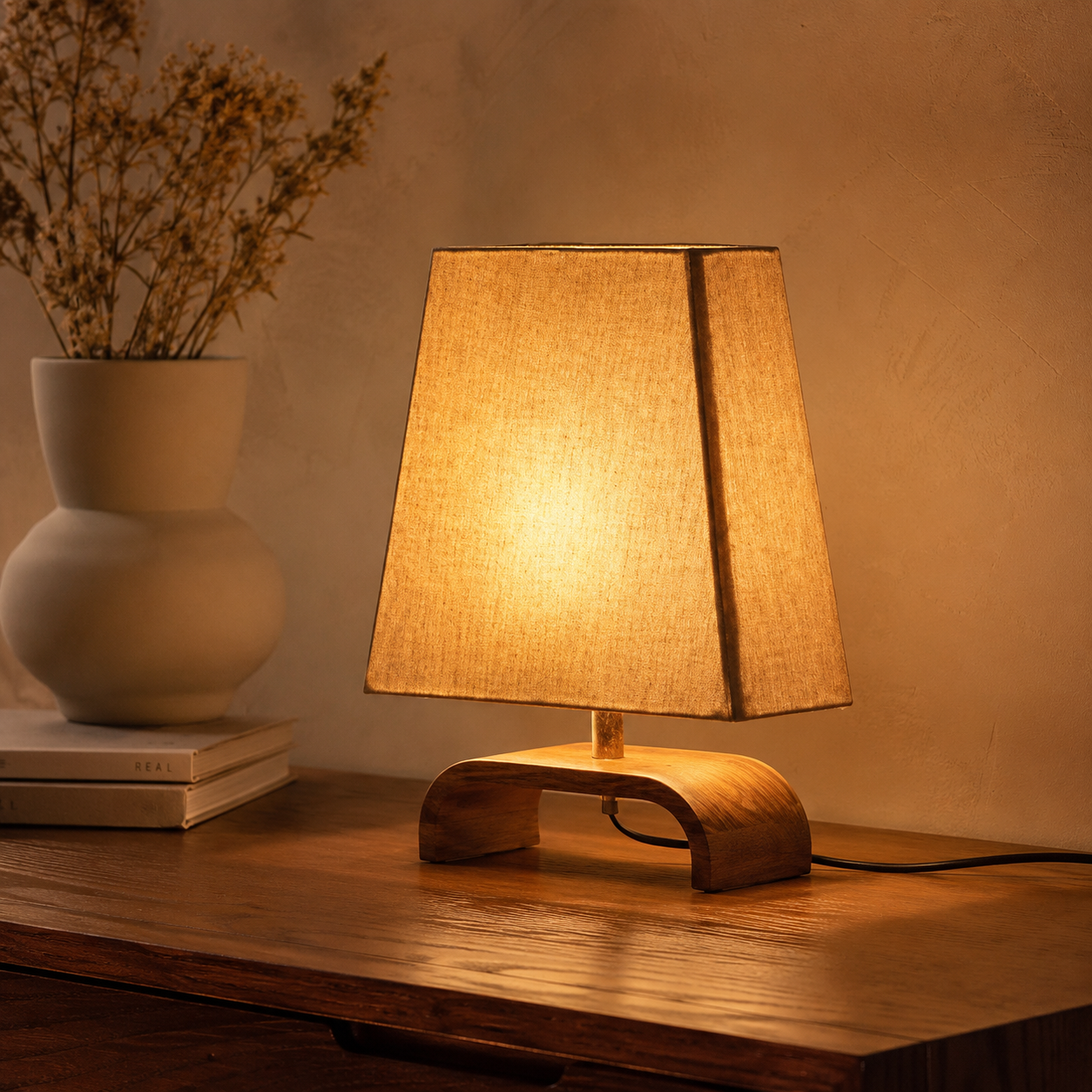 Linen shade table lamp glowing on a dark wood console with ceramic vase and dried botanicals