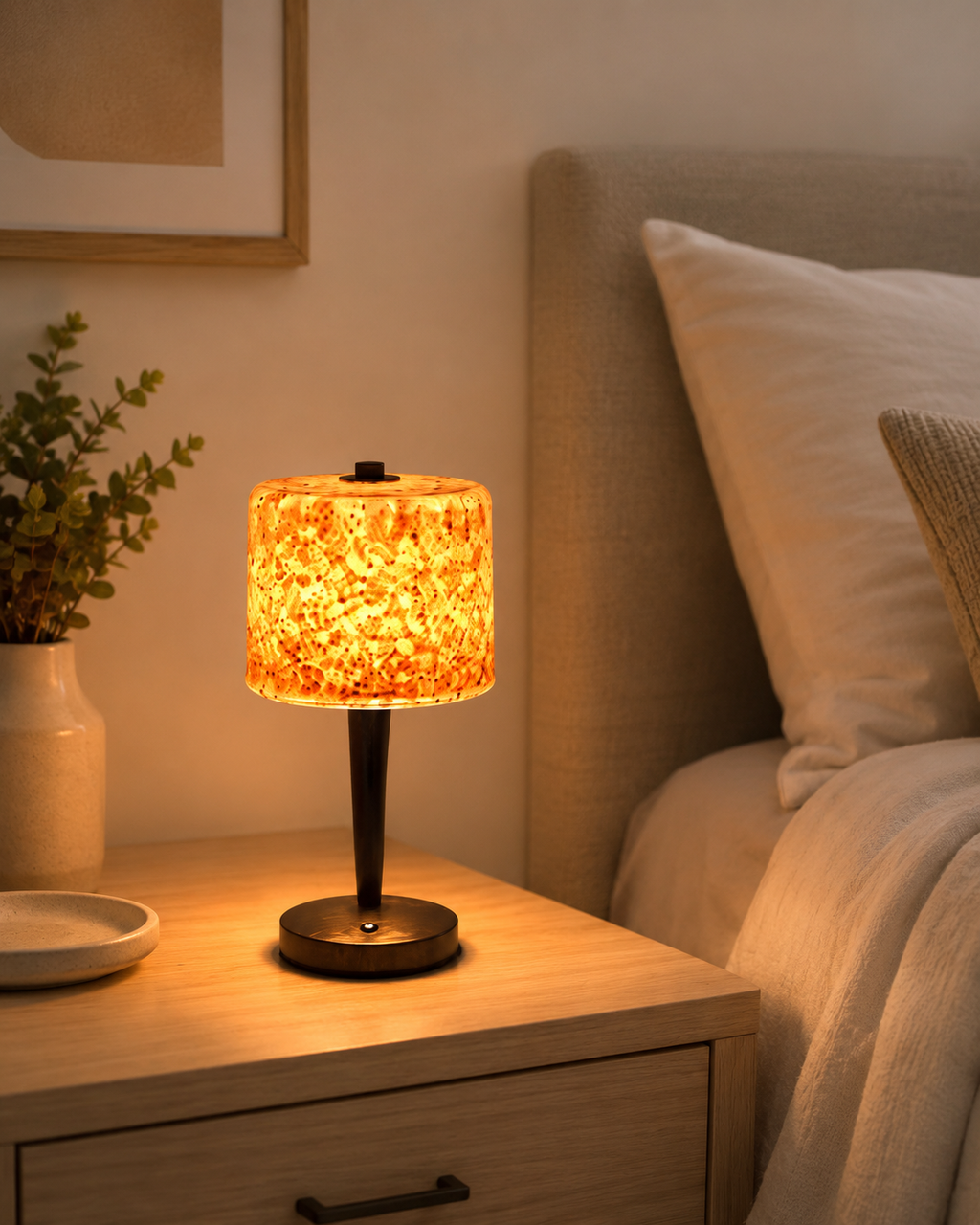 Tortoiseshell amber glass table lamp glowing on a bedside table with eucalyptus plant and white ceramic dish