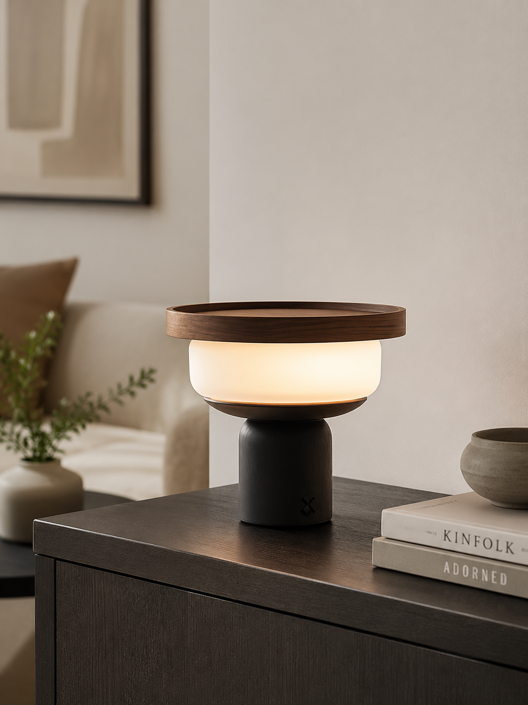 Walnut disc table lamp with frosted opal globe on a dark sideboard with Kinfolk books and ceramic bowl