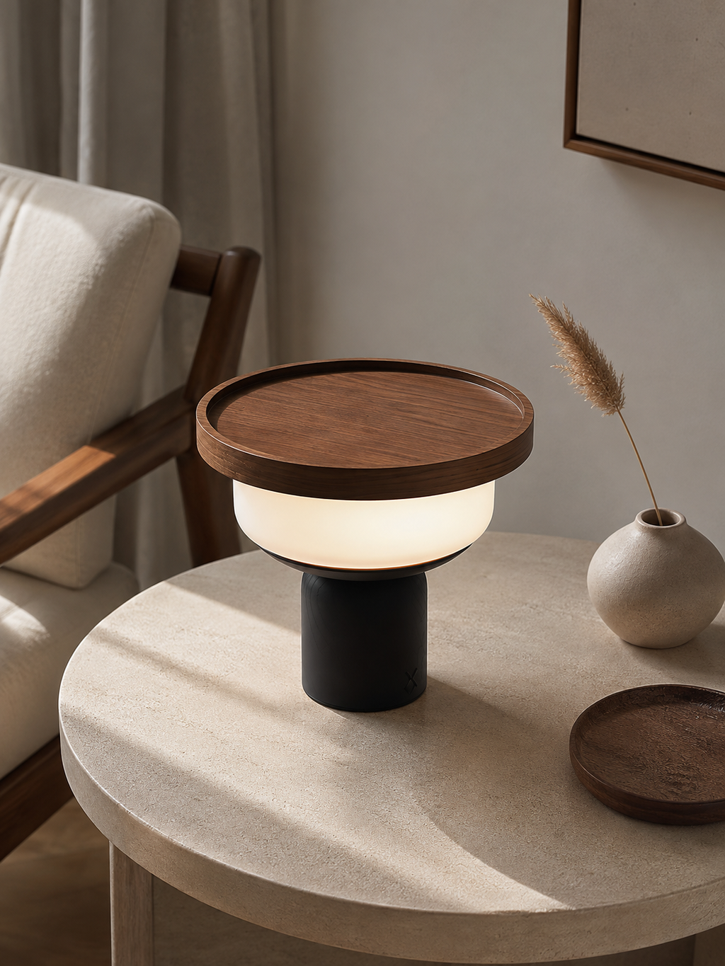 Walnut tray lamp with opal glass globe on a round travertine side table with pampas grass vase and wooden tray