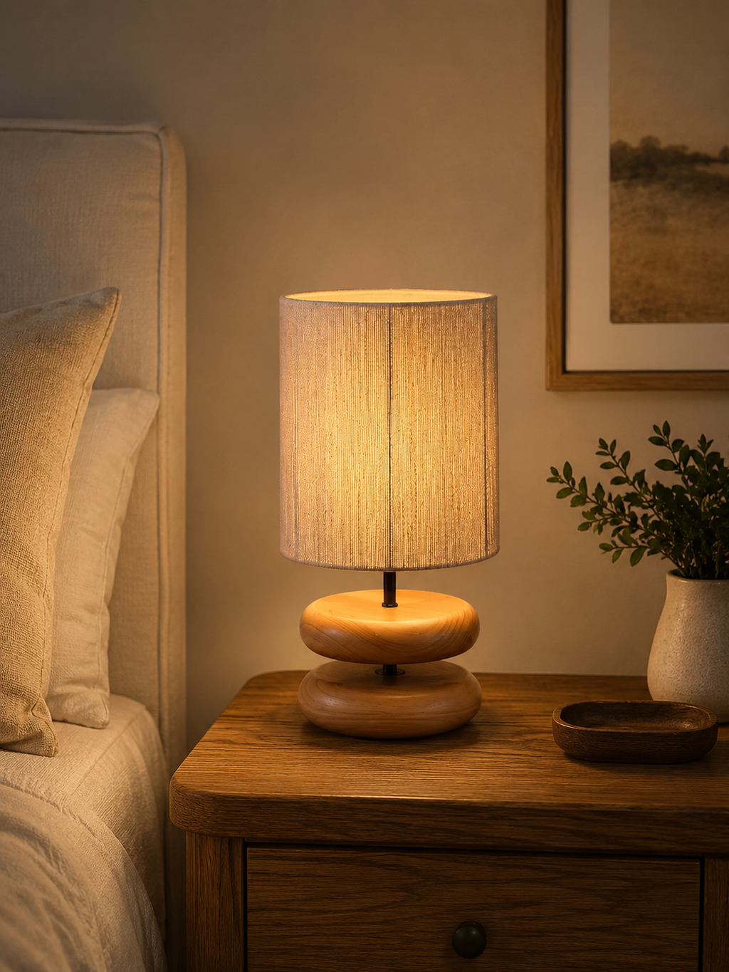 Stacked pebble wood table lamp with woven shade glowing on an oak bedside table with small plant and ceramic dish