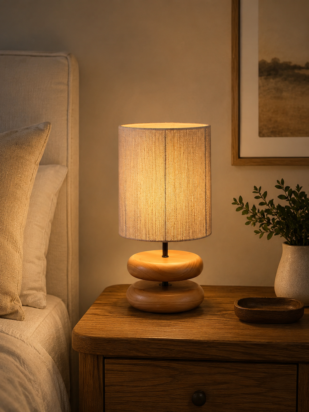 Stacked pebble wood table lamp with woven shade glowing on an oak bedside table with small plant and ceramic dish
