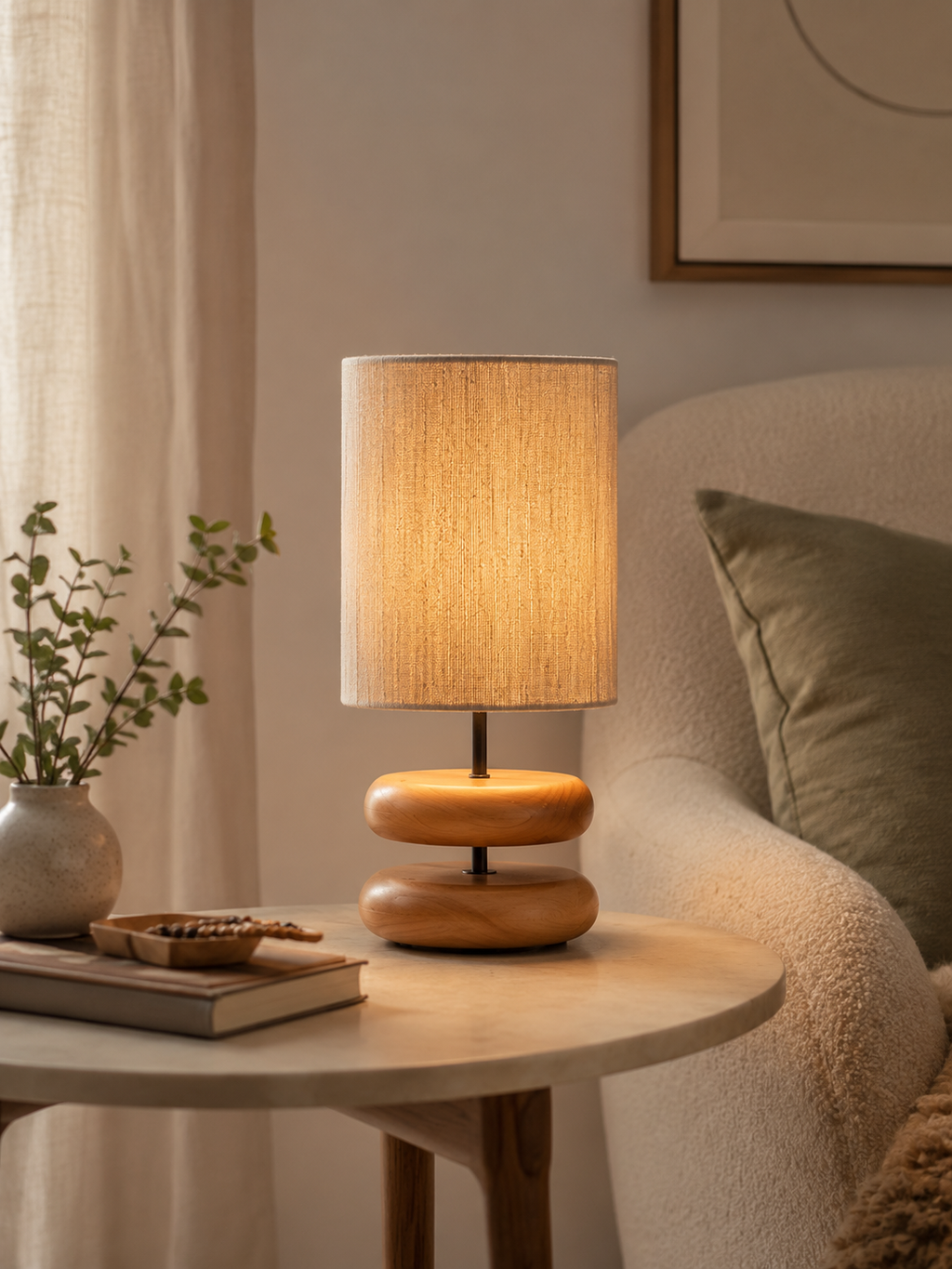 Stacked oak pebble table lamp glowing on a round white side table next to a linen armchair with eucalyptus plant