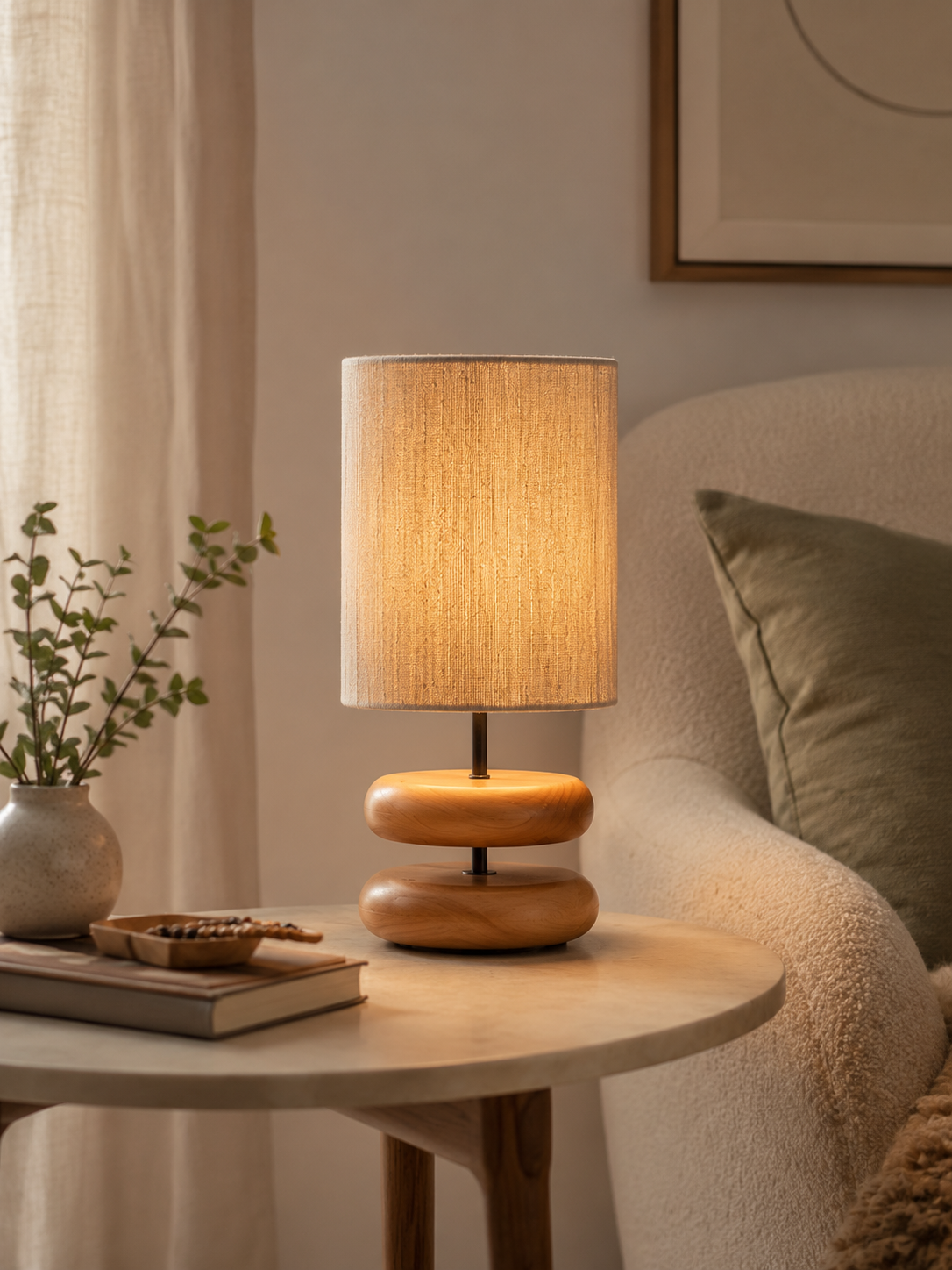 Stacked oak pebble table lamp glowing on a round white side table next to a linen armchair with eucalyptus plant