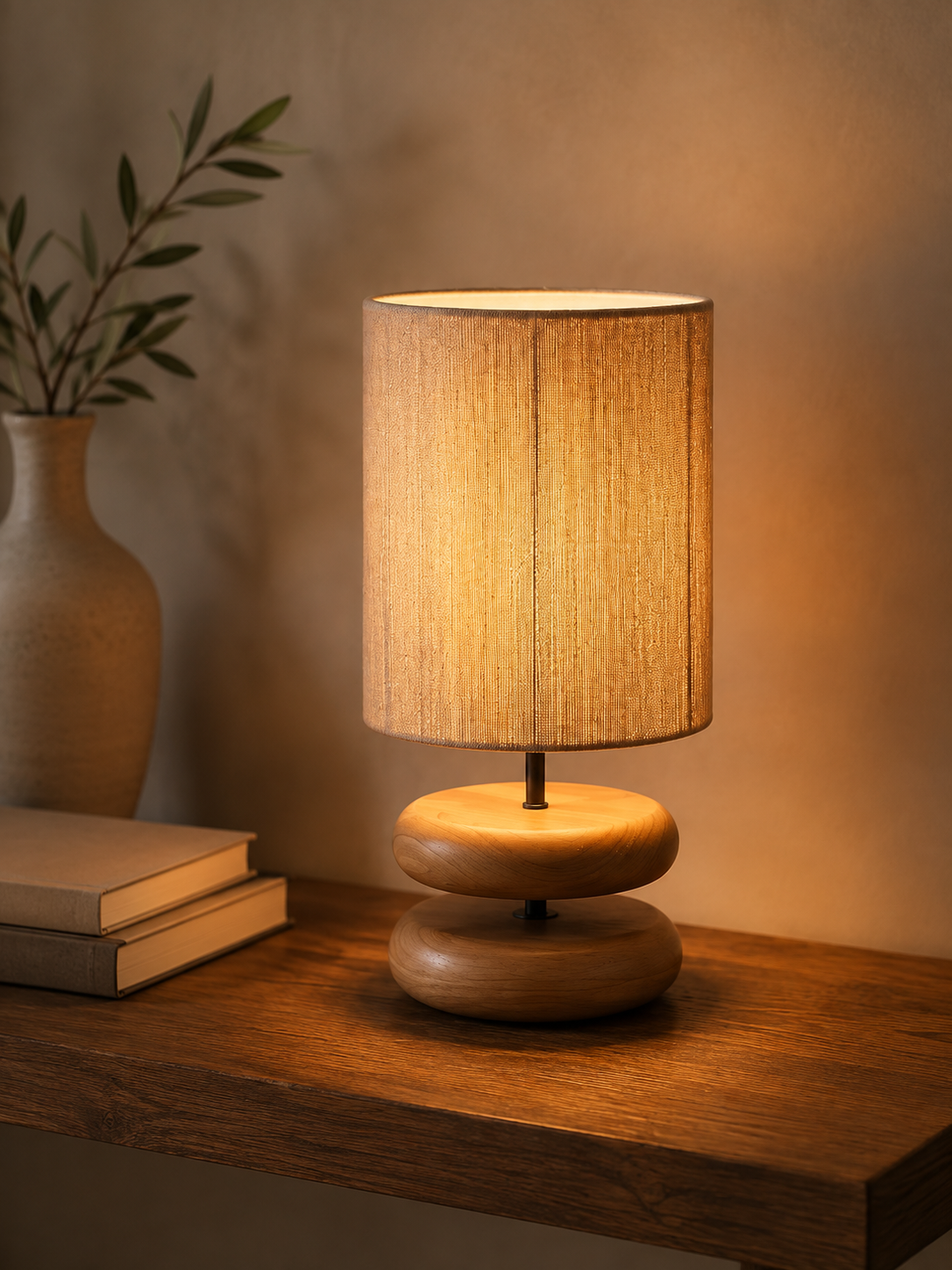 Stacked pebble wood table lamp with woven shade on a dark wood console with books and ceramic vase