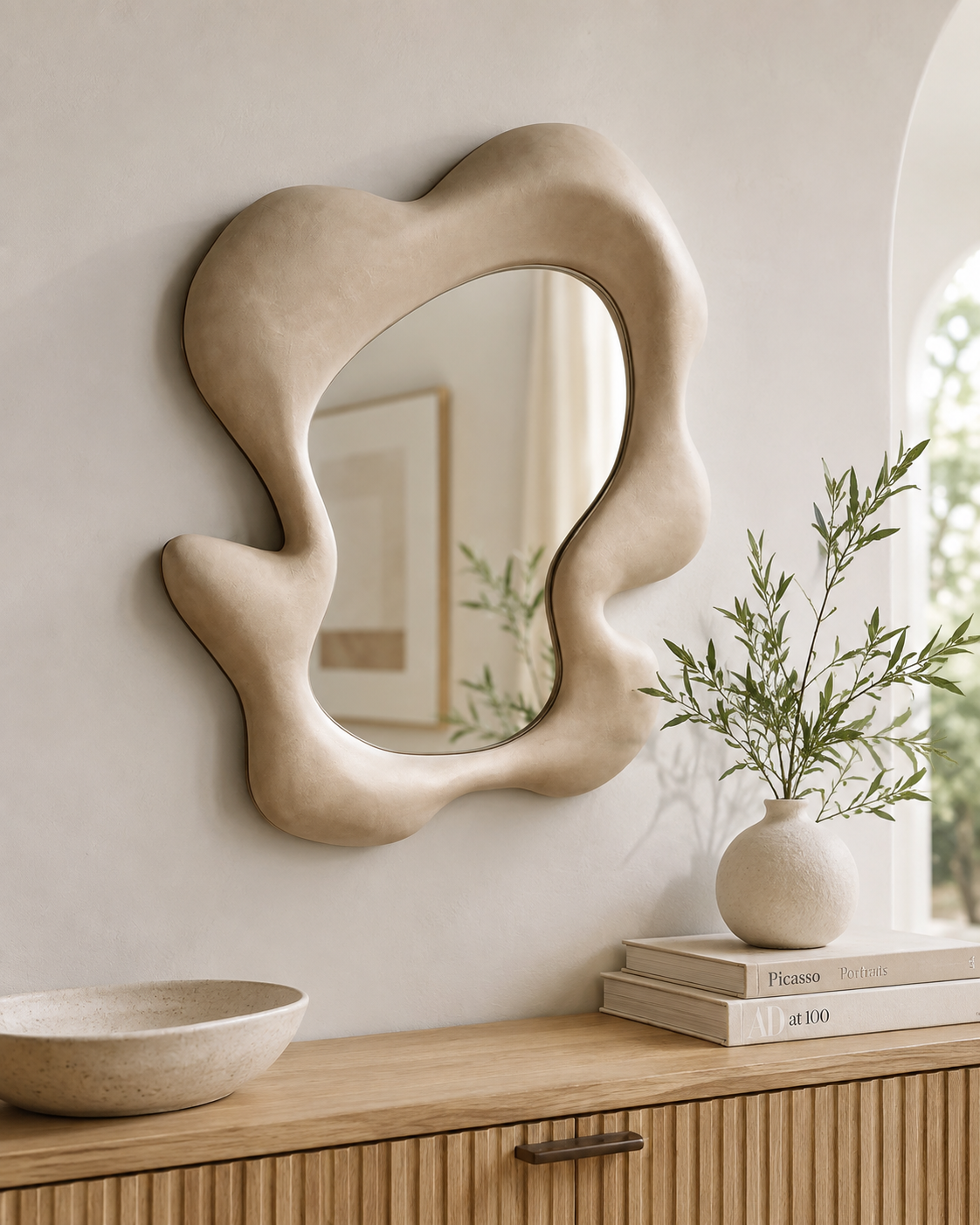 Abstract wave wall mirror with sandy cream organic frame above a ribbed oak sideboard with ceramic vase and books