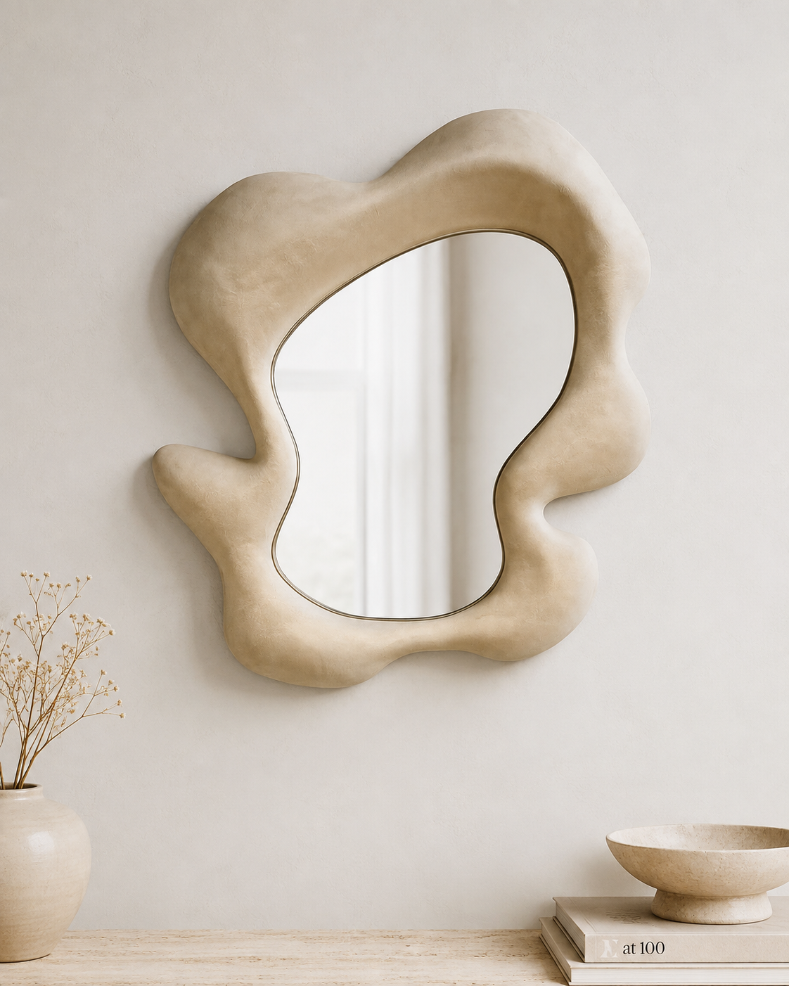 Abstract organic wave mirror in sandy cream above a light wood console with dried flowers and ceramic bowl