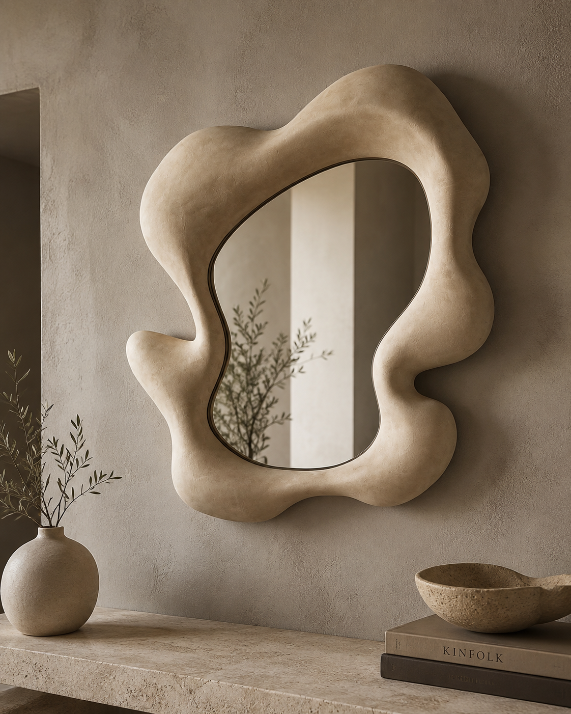 Abstract wave wall mirror with cream matte frame on a textured plaster wall with ceramic vase and Kinfolk books