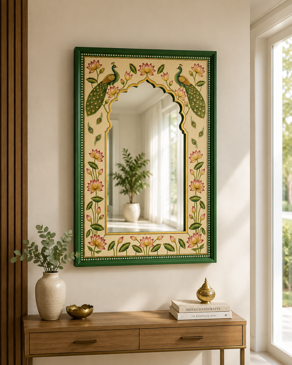 Rajasthani hand-painted peacock and lotus wall mirror above a wooden console with ceramic vase and brass bowl