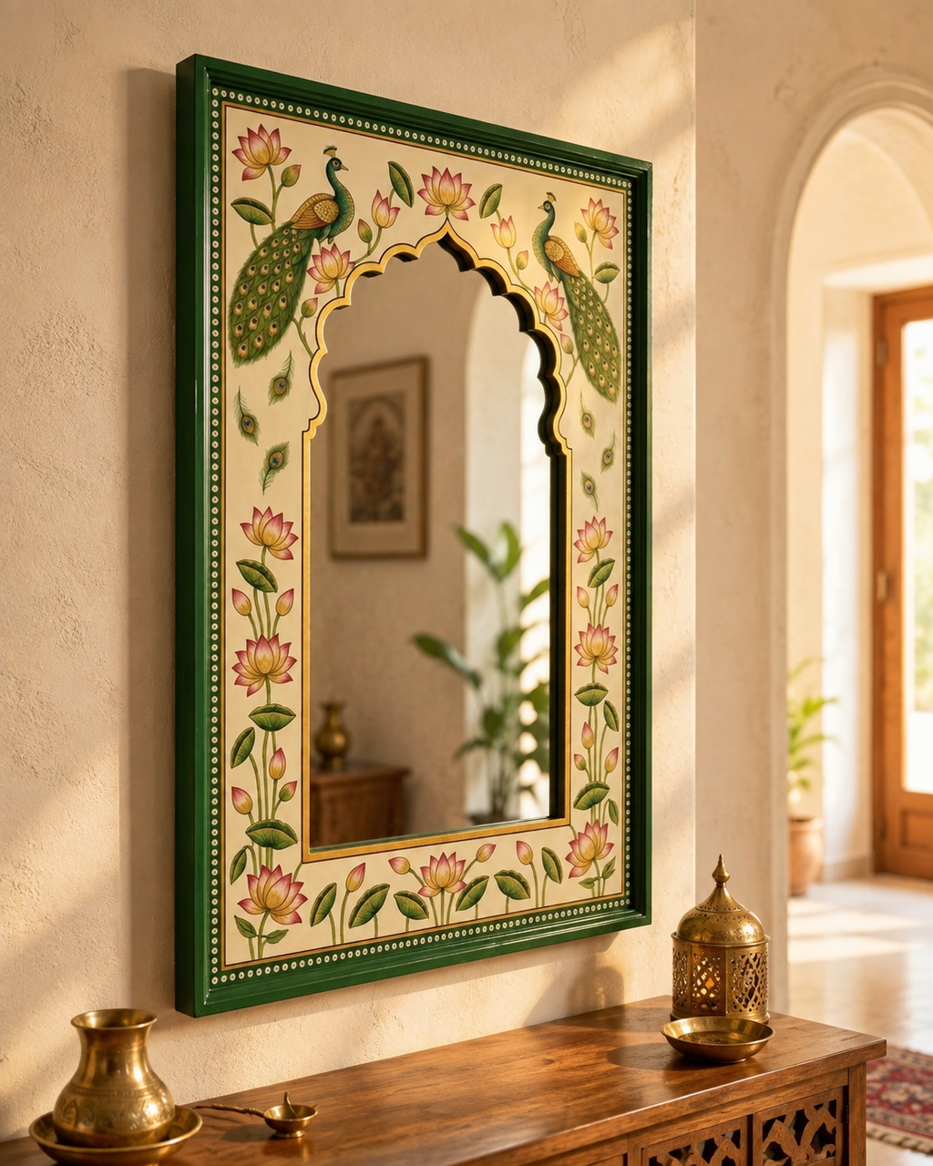 Hand-painted peacock mirror with Mughal arch and lotus frame on a cream wall in a warm Indian-style entryway with brass lantern