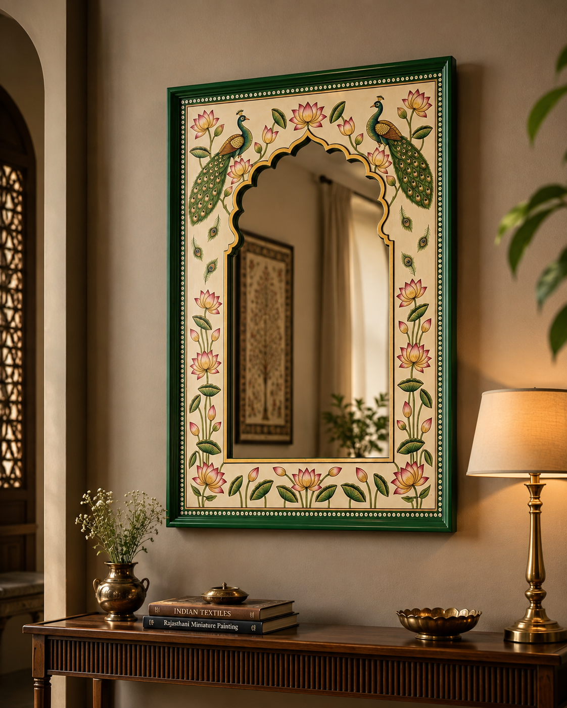 Hand-painted Indian peacock mirror above a dark wood console with brass lamp, vase and Indian Textiles books
