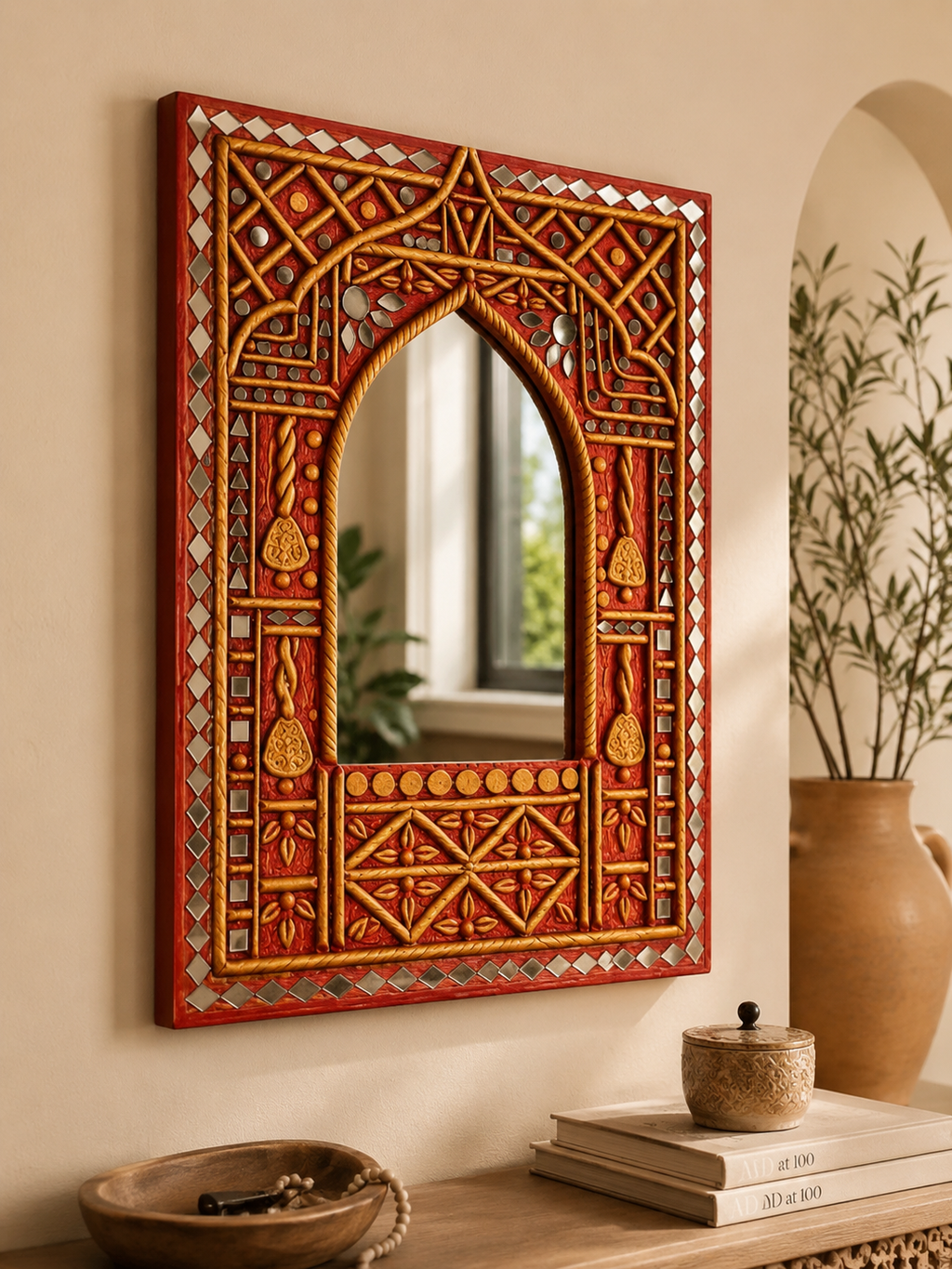 Rajasthani hand-carved mirror work wall mirror with Mughal arch above a wooden console with ceramic bowl and books