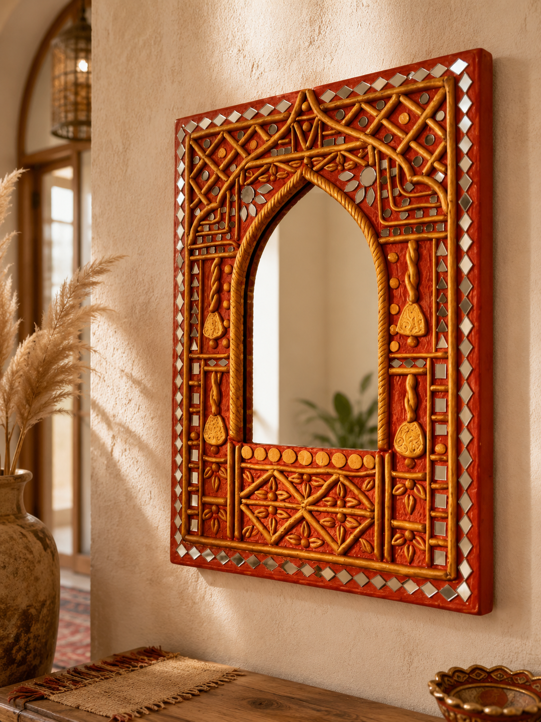 Terracotta red carved Indian mirror with gold motifs and mirror tile border on a textured wall in a Moroccan-style entryway with pampas grass