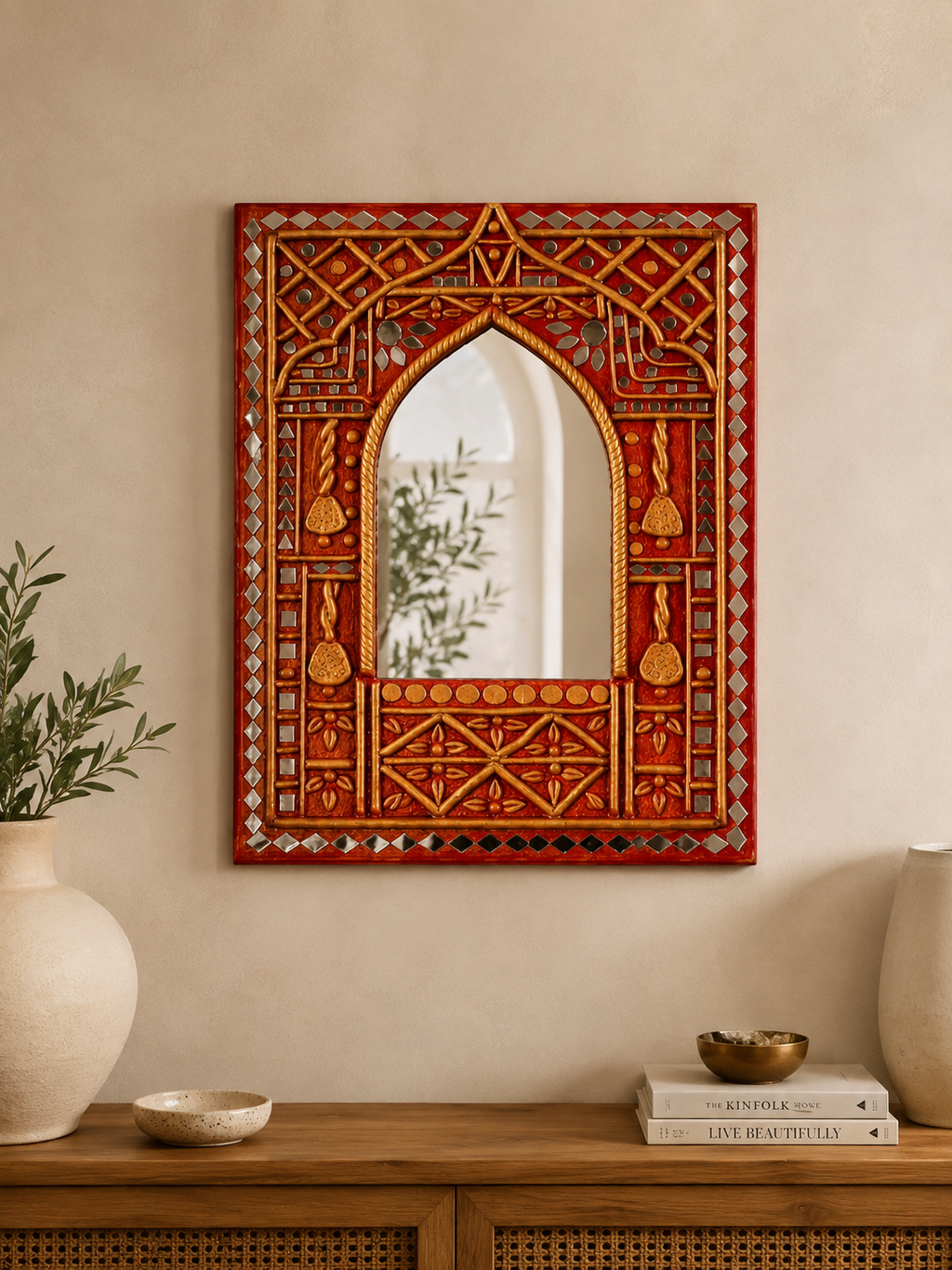 Rajasthani mirror work carved wall mirror on a cream wall above a rattan sideboard with white vase and Kinfolk books