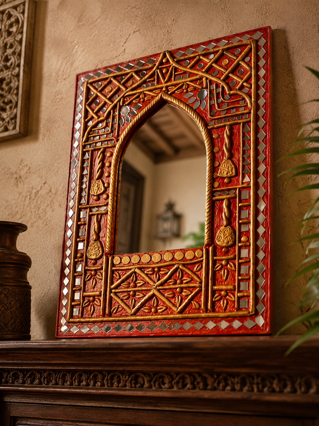 Hand-carved Rajasthani mirror with gold lattice and mirror tile inlay displayed on a dark carved wood mantle with brass vase