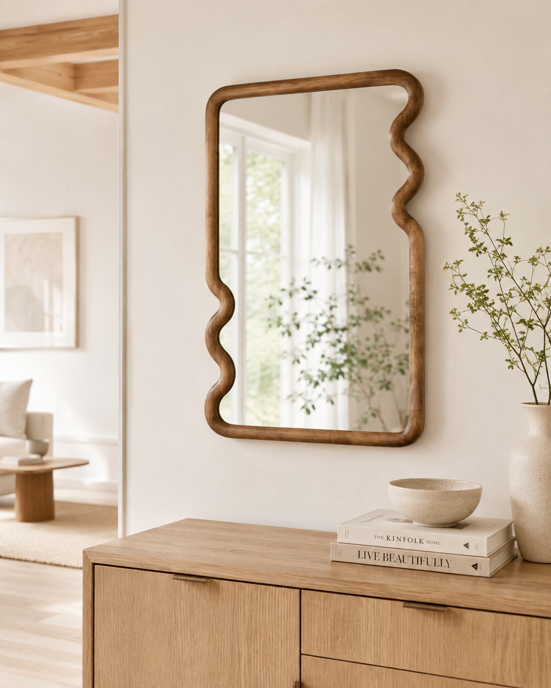 Wavy walnut frame mirror above a light oak sideboard with white ceramic vase and bowl in a bright Japandi living room