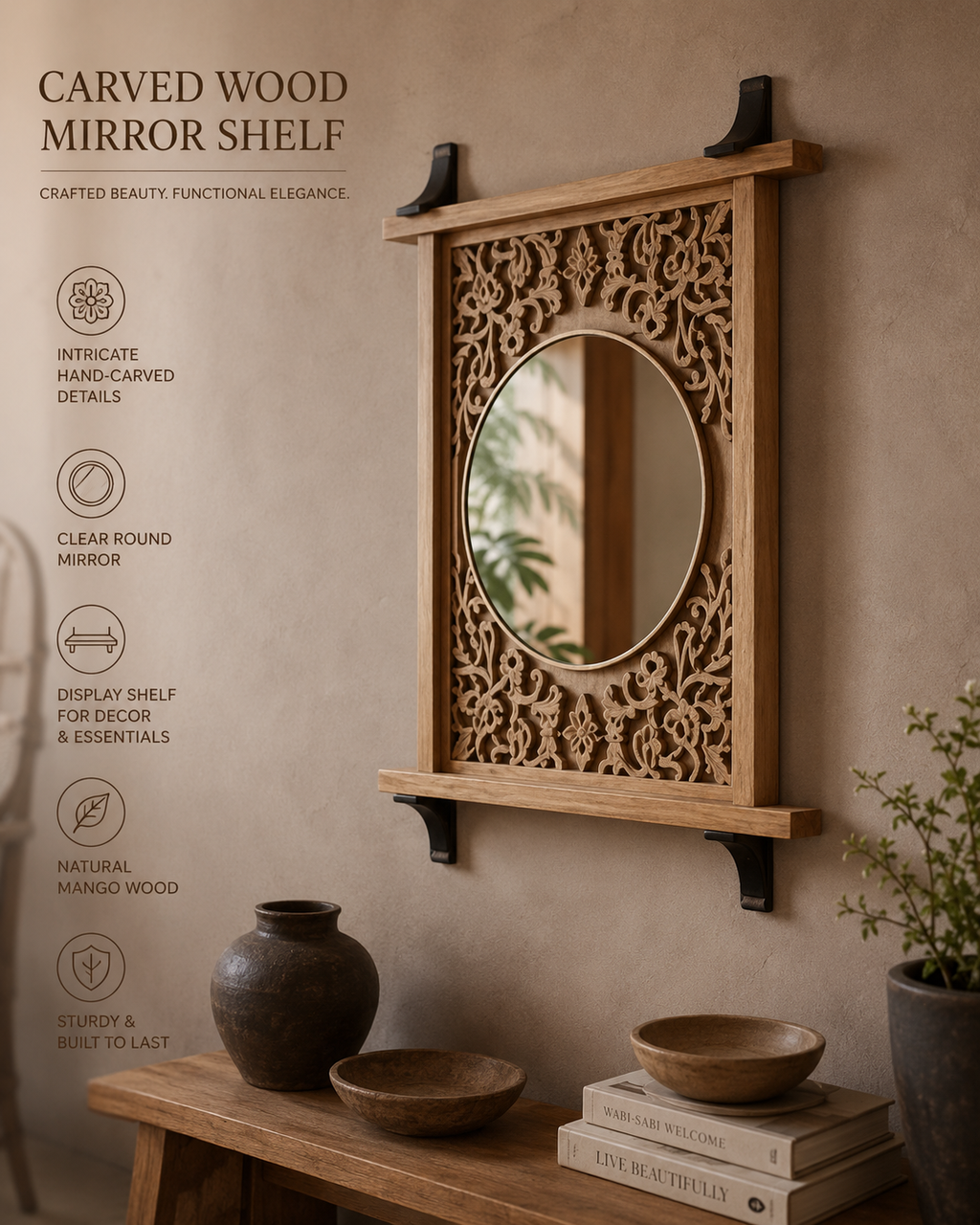 Carved wood mirror shelf with jali panel and black brackets on a textured wall above a console with dark ceramic vases and books