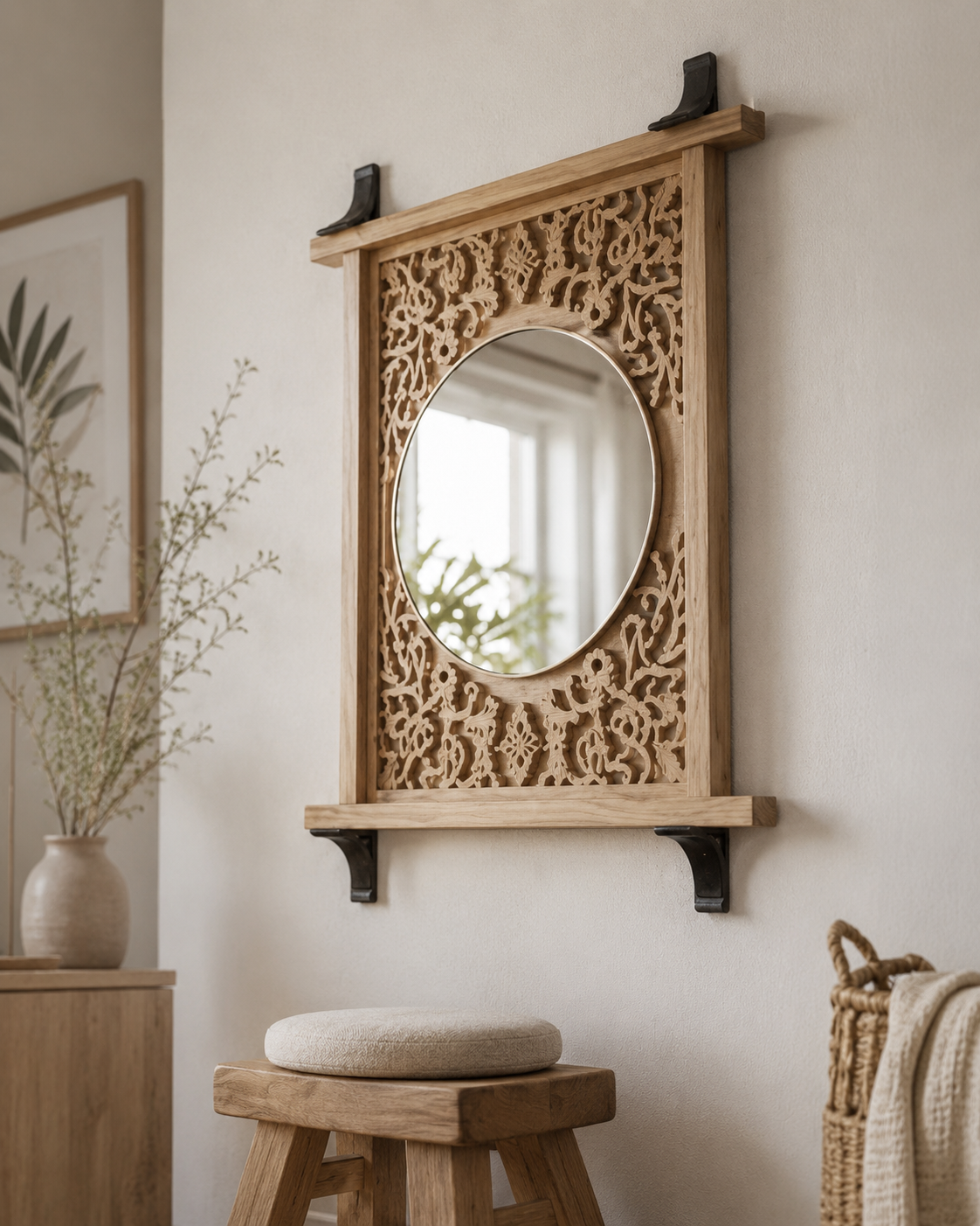 Mango wood jali mirror with shelf and black iron brackets on a cream wall above a wooden stool with woven basket