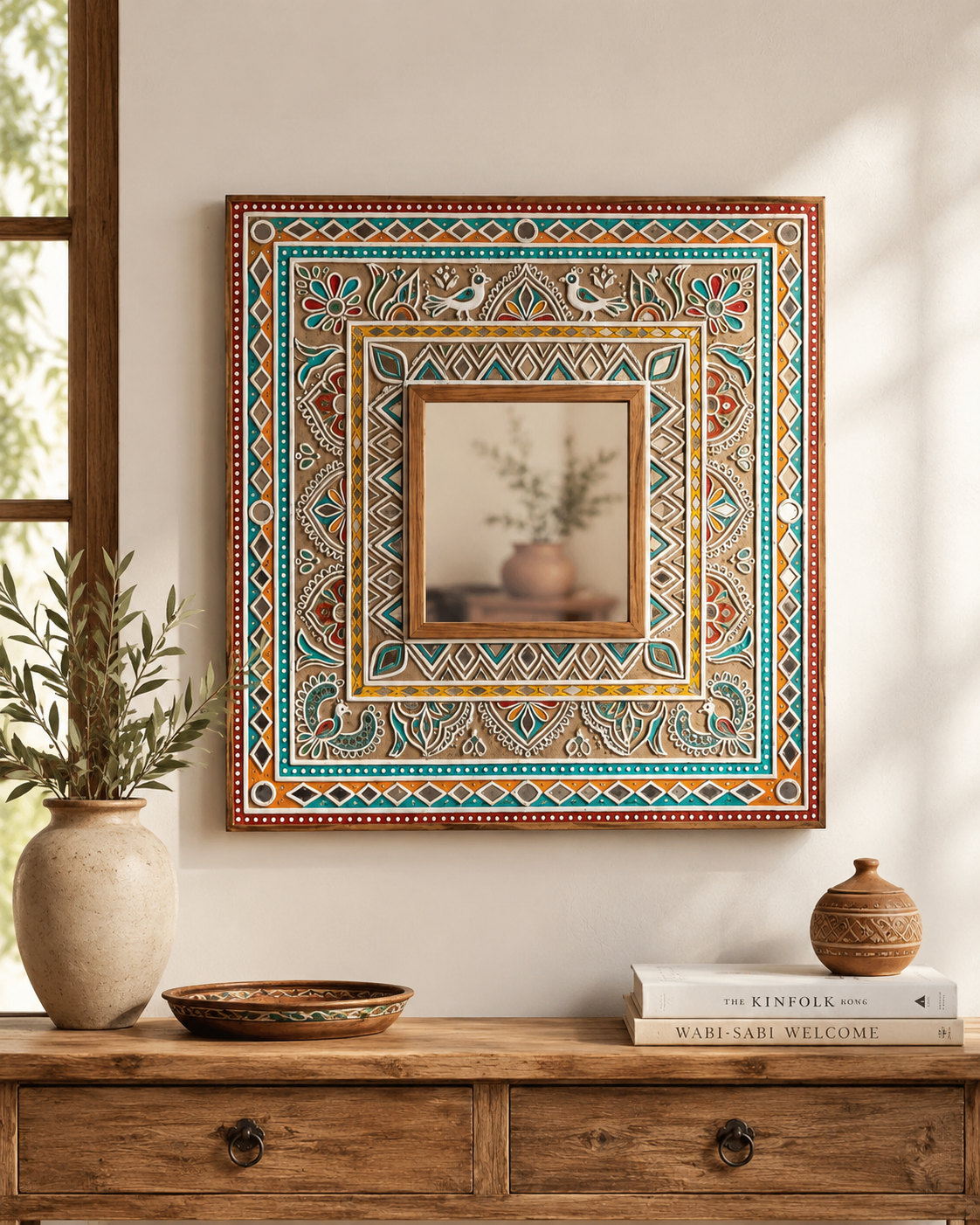 Hand-painted Rajasthani folk art square mirror with multicolour peacock and paisley frame above a wooden console with ceramic vase and bowl