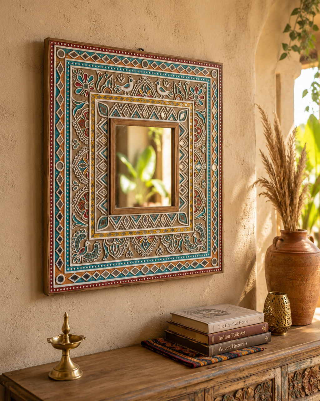 Rajasthani folk art mirror with turquoise and saffron motifs on a textured wall above a carved sideboard with brass diya and pampas grass