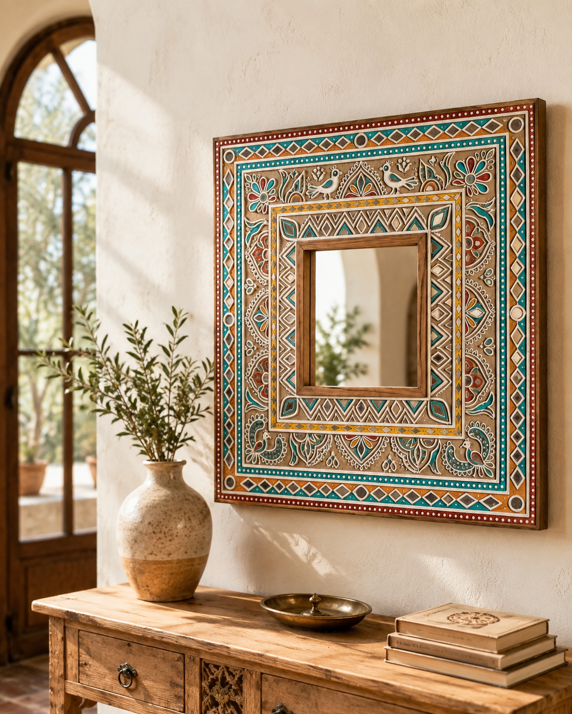Multicolour hand-painted Indian folk art mirror in a bright entryway with arched window, olive plant and wooden console