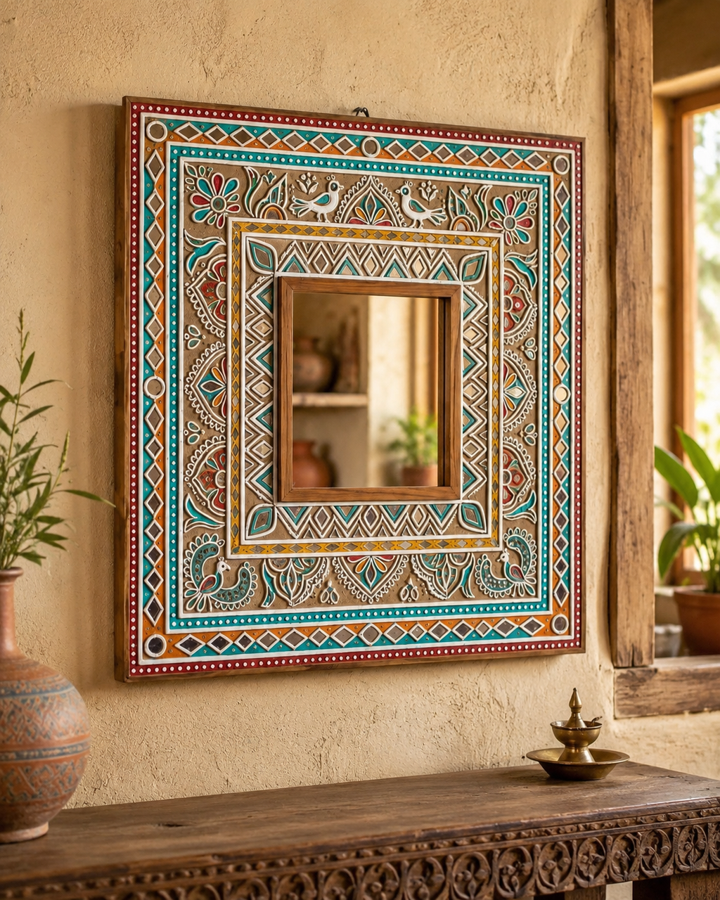 Rajasthani folk art square mirror with peacock and geometric motifs on a warm plaster wall above a carved wooden table with brass diya
