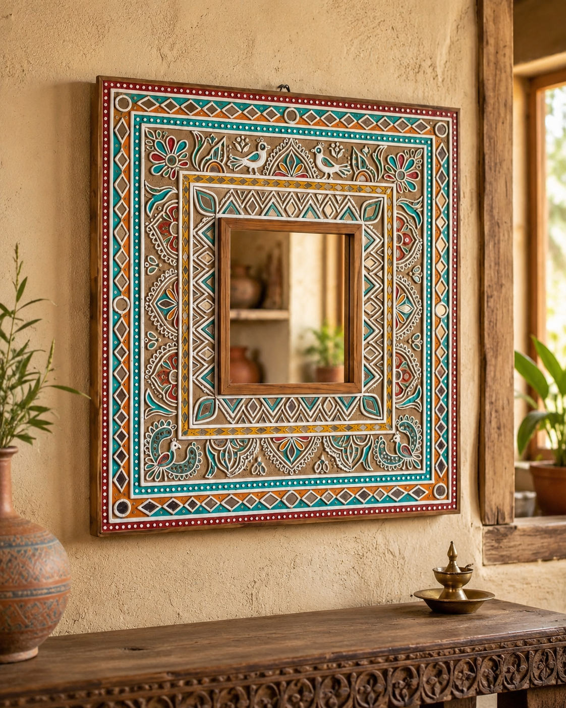 Rajasthani folk art square mirror with peacock and geometric motifs on a warm plaster wall above a carved wooden table with brass diya