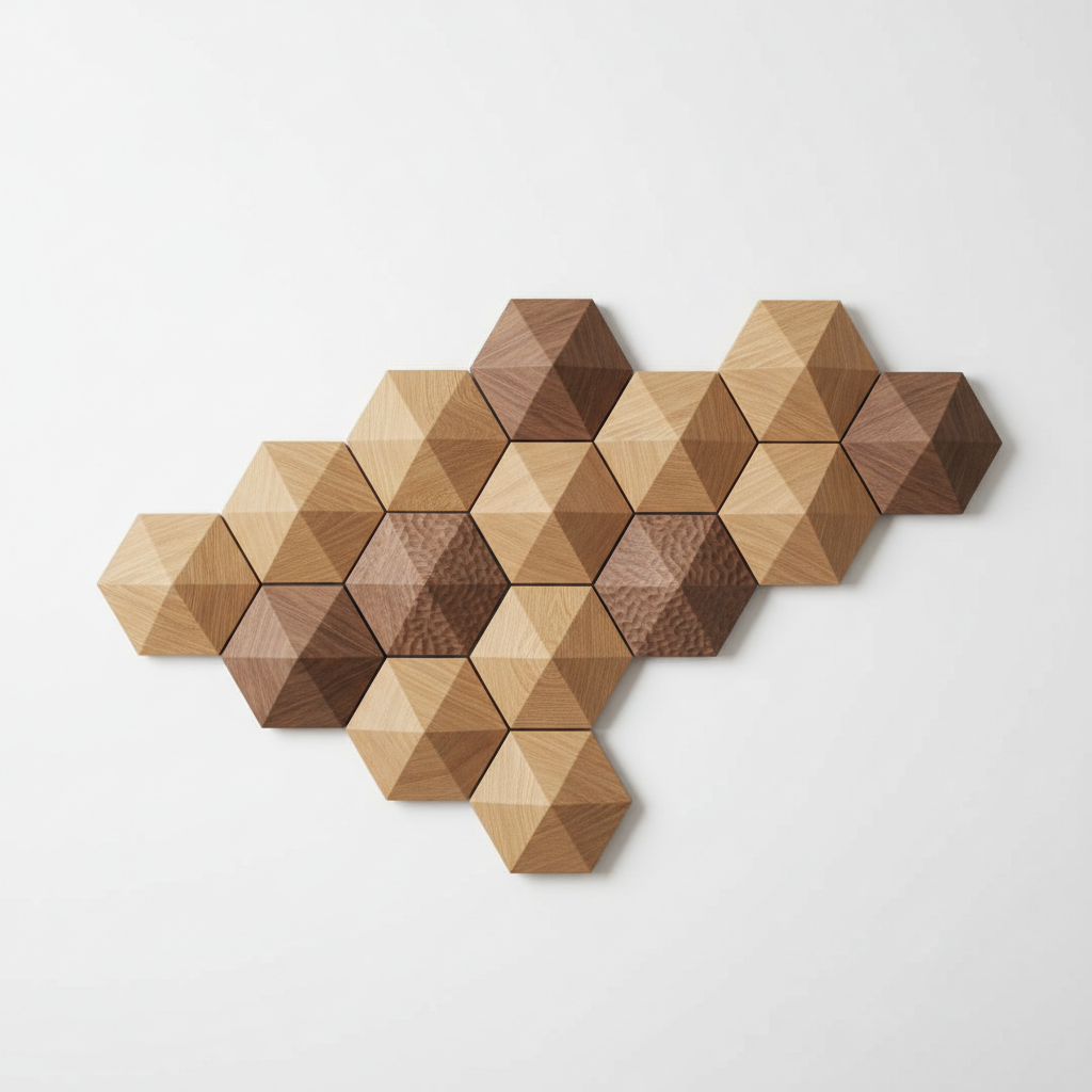 Geometric hexagon wooden wall panel on white wall