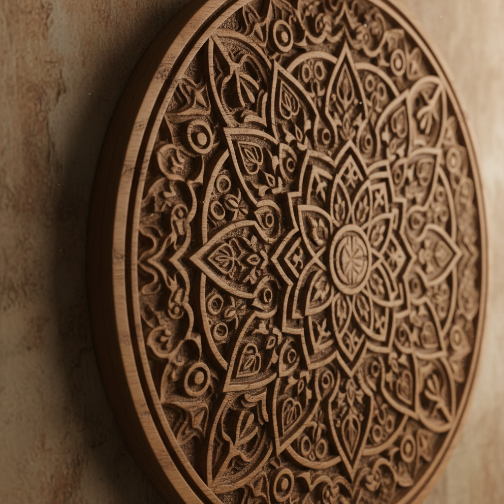 Close-up of intricate hand-carved mandala patterns on natural wood