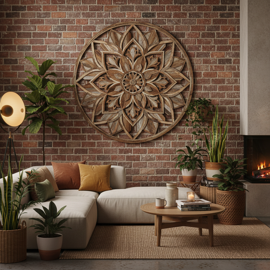 Rustic mandala wooden wall art on a brick wall in a modern living room with plants