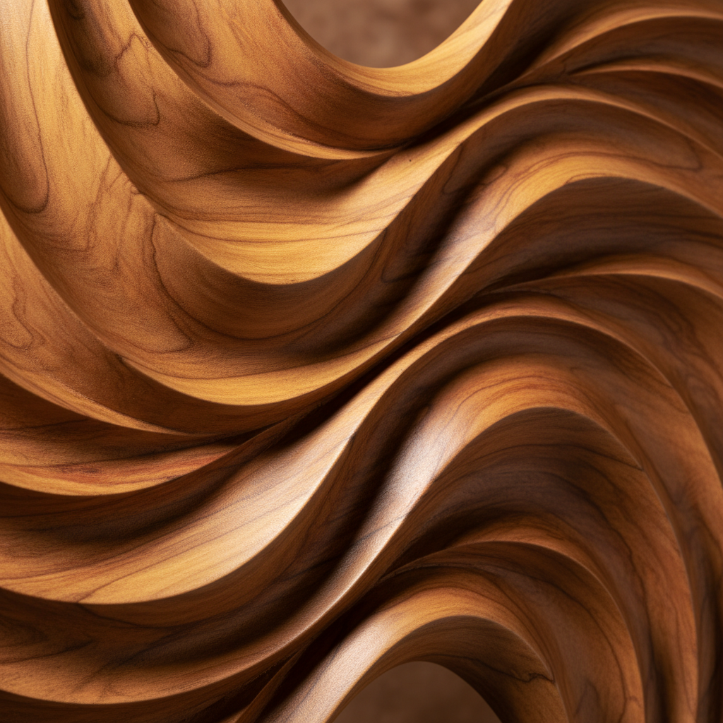 Close-up of smooth polished teak wood grain and flowing curves