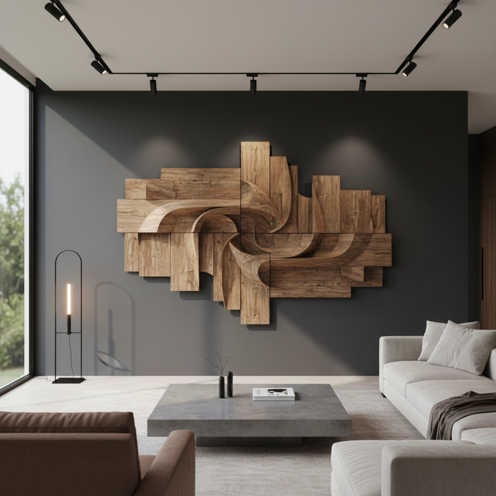 Abstract teak wood wall sculpture on dark accent wall with dramatic spotlight lighting
