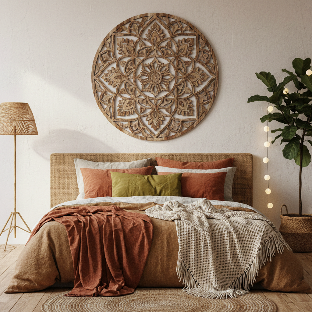 Rustic mandala wooden wall art styled above a bed in a bohemian bedroom