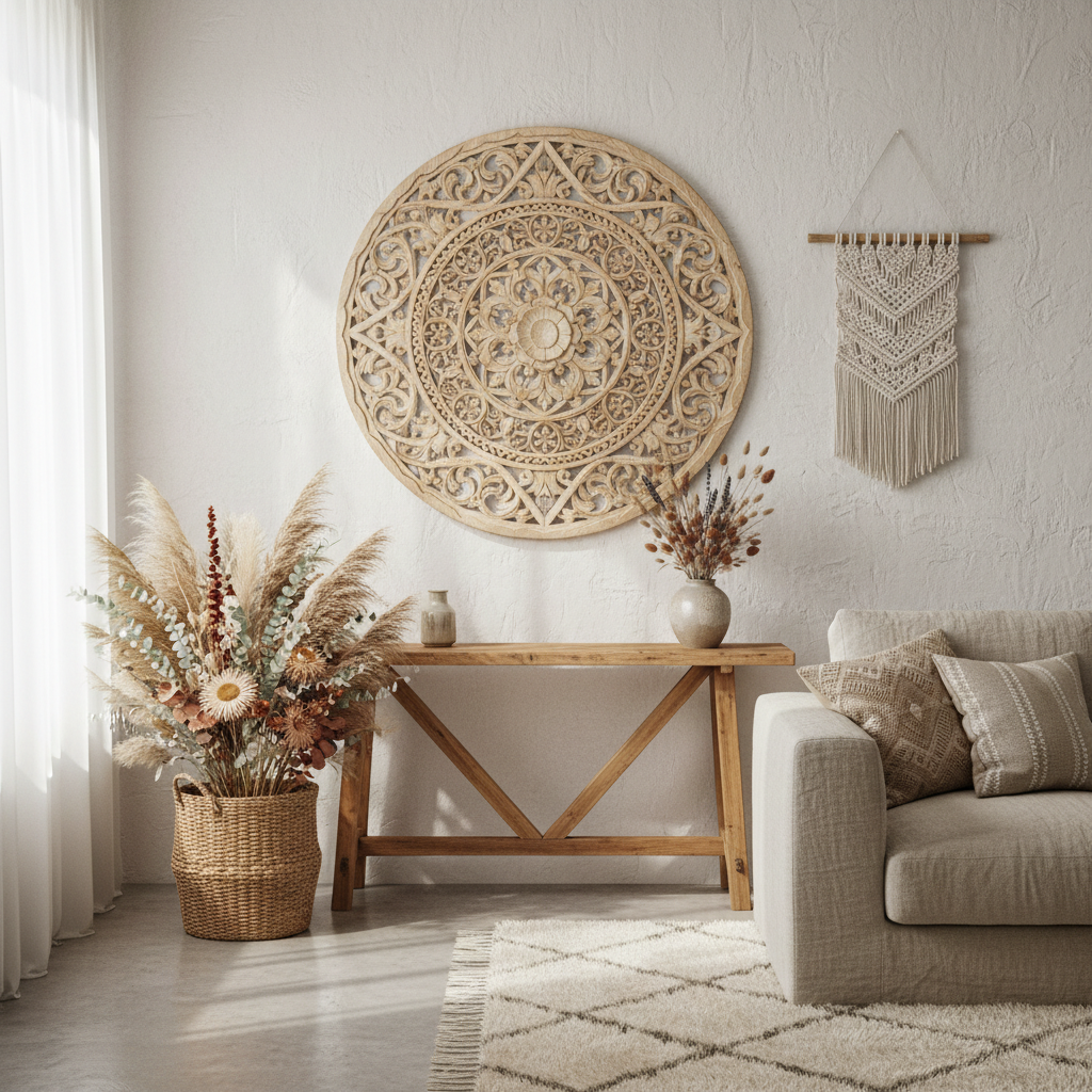 Floral carved wooden wall art in bright boho living room with dried flowers