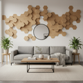 Hexagon wooden wall panel above sofa in Scandinavian living room
