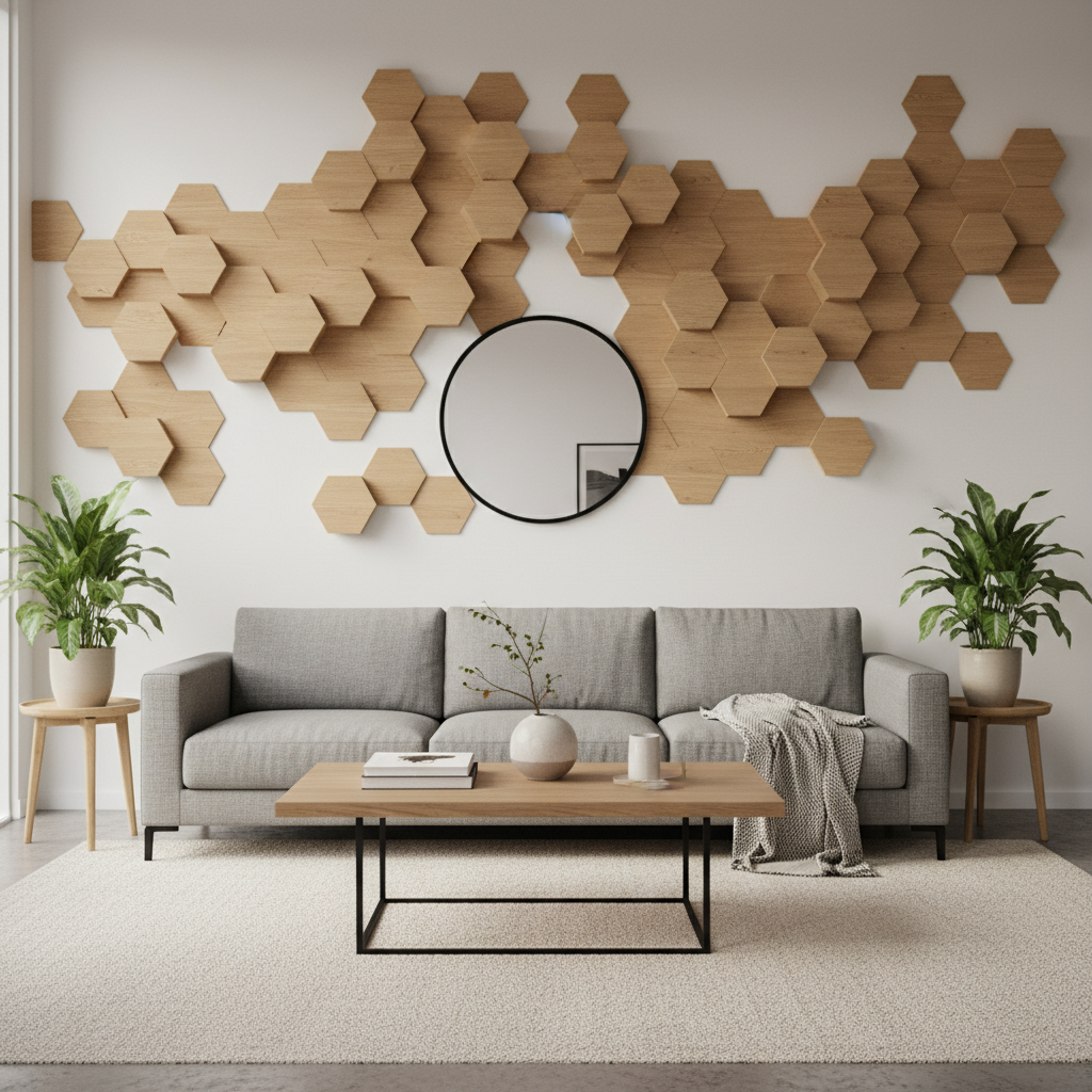 Hexagon wooden wall panel above sofa in Scandinavian living room