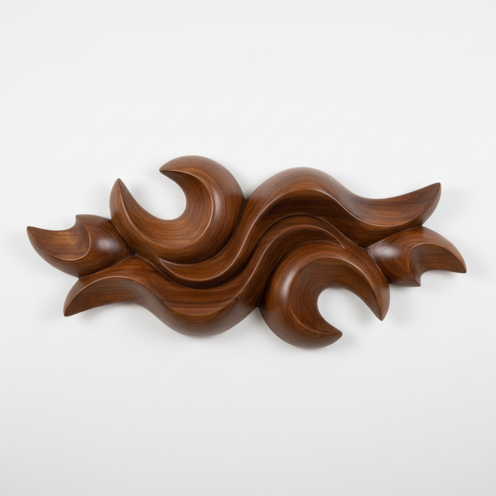 Abstract teak wood wall sculpture with organic curves on white wall