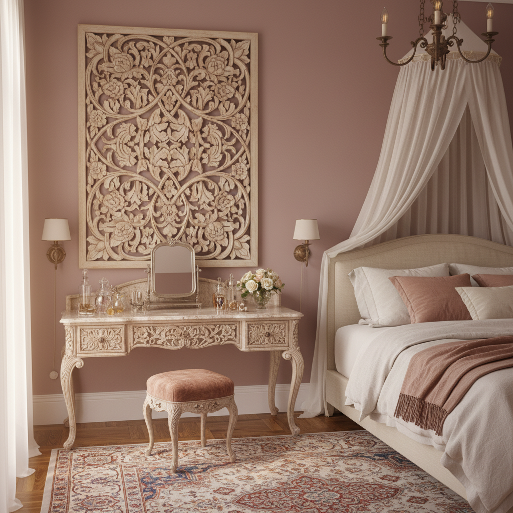 Floral carved wooden wall art above dressing table in romantic bedroom