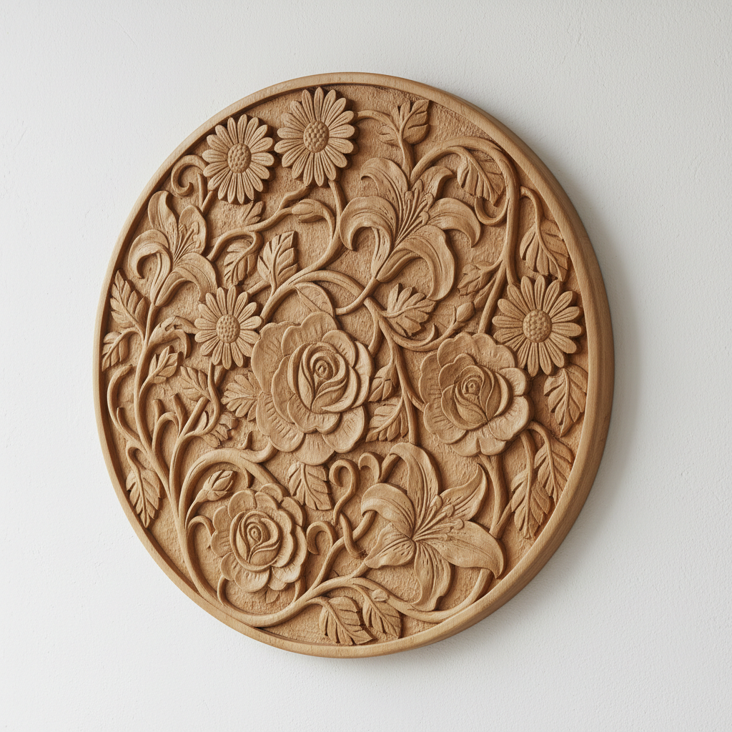 Floral carved wooden wall art with intricate flower patterns on white wall