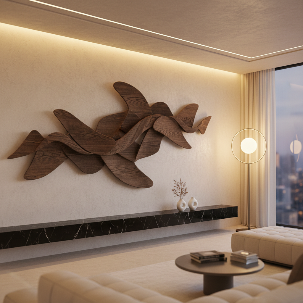 Abstract teak wood wall sculpture above console table in modern living room